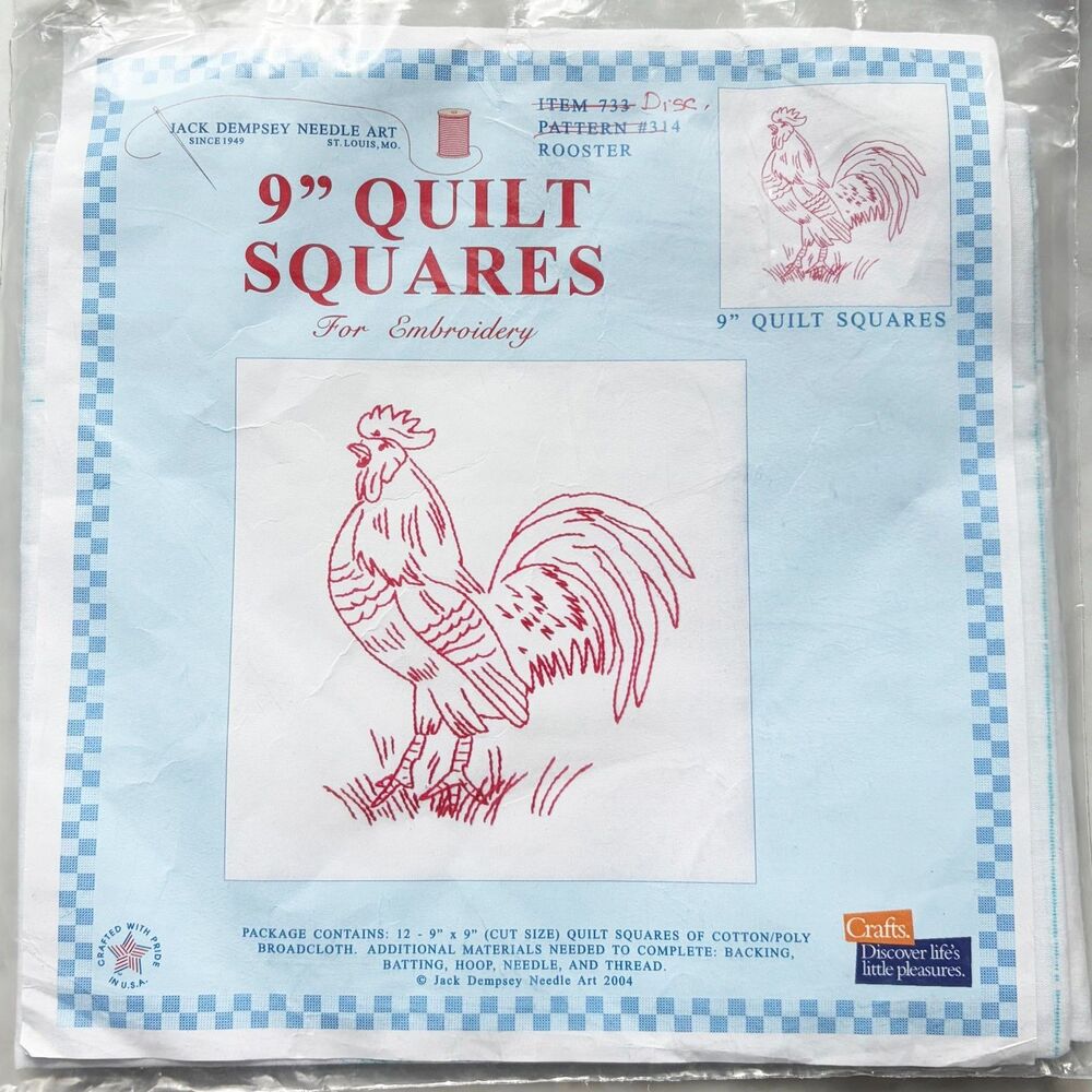 Jack Dempsey Needle Art 12 Rooster Quilt Squares for Embroidery 9" Blocks #314